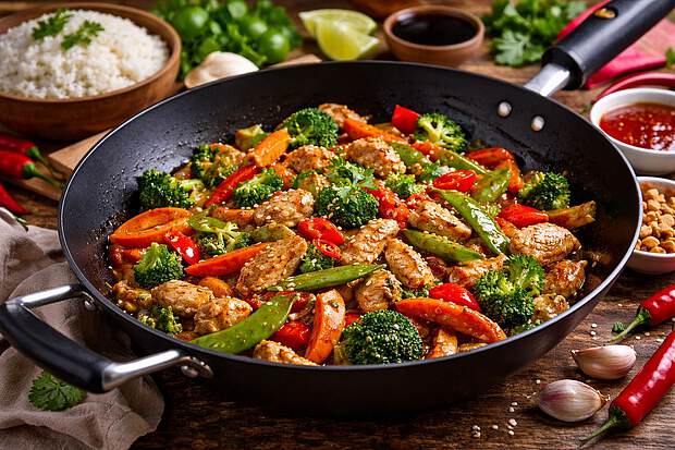 Thai-Wok mit Hähnchen und Reis